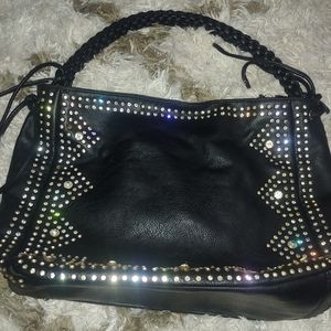 Diamond Rim | Faux Leather Heavy Thick Black Bling Rhinestone Biker Bag